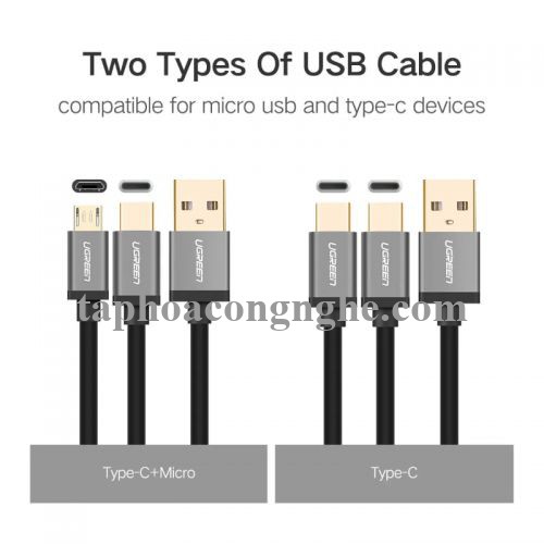 Ugreen 30571 0.5m màu xanh Cáp USB-A 2.0 sang Micro USB + USB-C US196 30030571